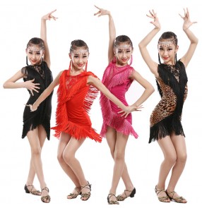 Lace v neck patchwork sleeveless fringes spandex girls kids children performance competition latin salsa cha cha dance dresses outfits